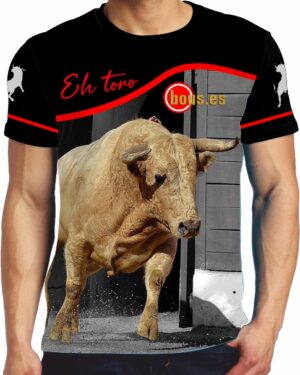 Camiseta toros con toro colorado claro saliendo de toriles